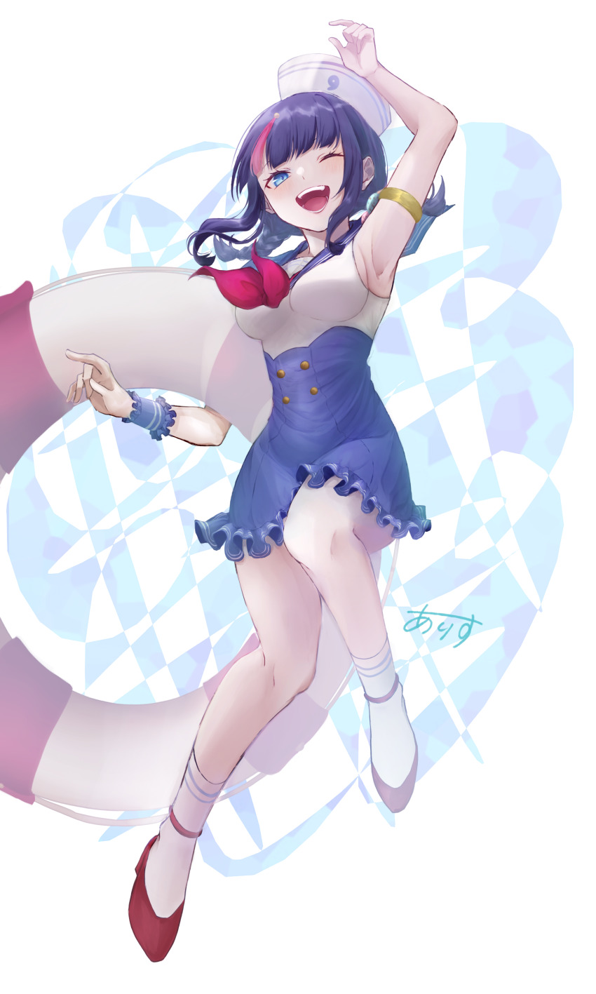 1girl, absurdres, alice_0331, arm_up, armlet, armpits, artist_name, black_hair, blue_eyes, breasts, dress, fate/grand_order, fate_(series), hat, highres, innertube, jewelry, medium_breasts, one_eye_closed, sailor_dress, sailor_hat, single_wrist_cuff, swim_ring, utsumi_erice, utsumi_erice_(swimsuit_avenger)_(second_ascension), wrist_cuffs