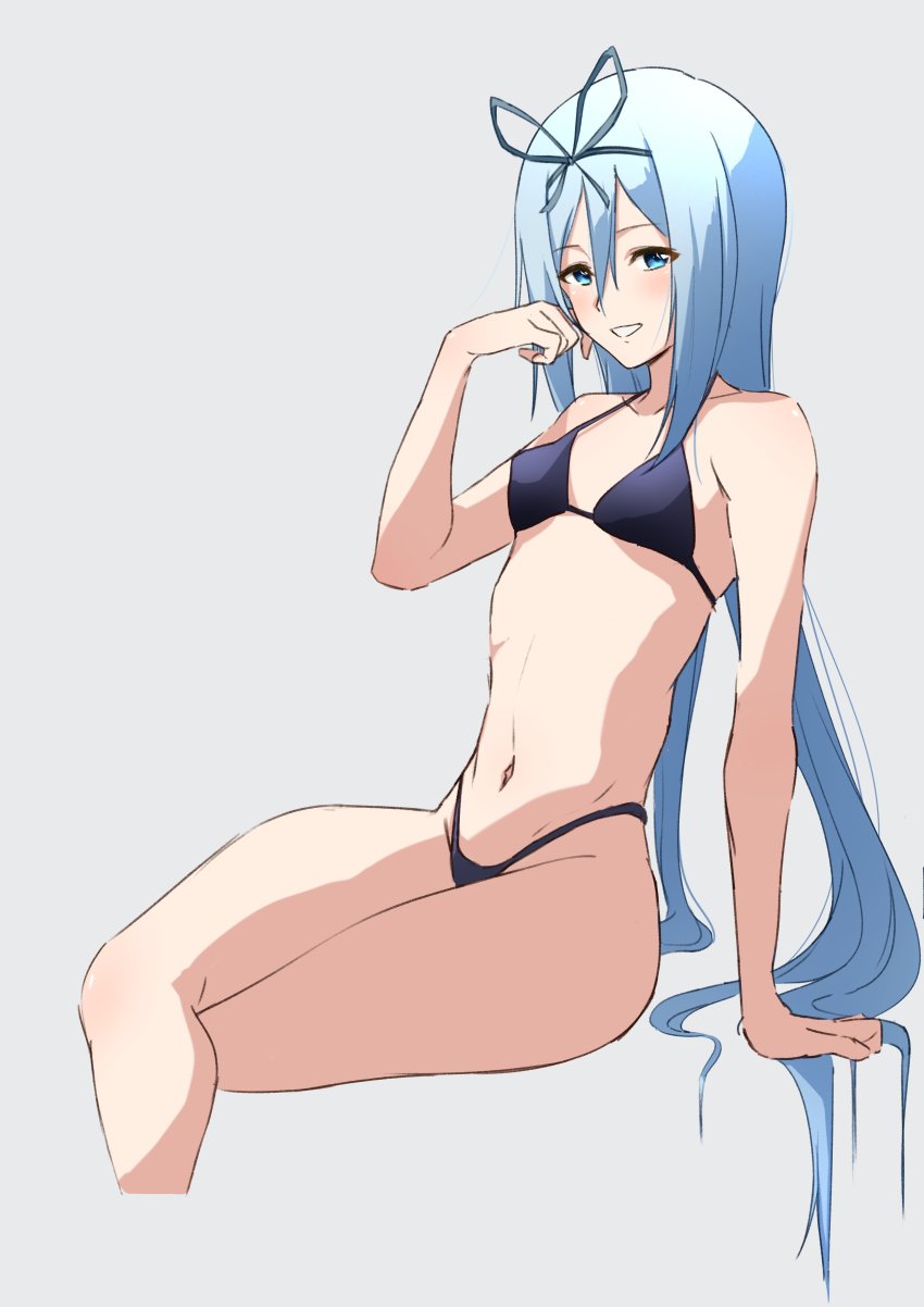 1girl, absurdres, bikini, black_bikini, blue_eyes, blue_hair, breasts, commentary_request