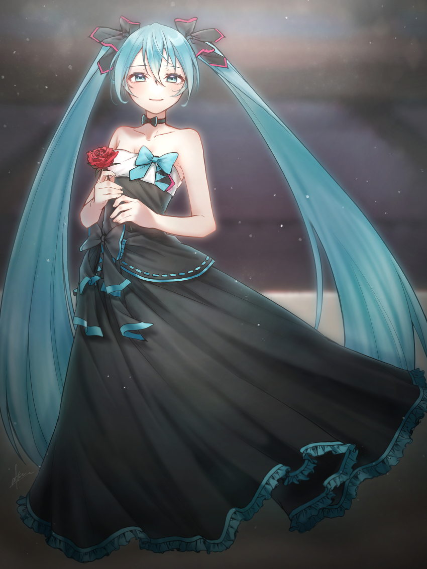 1girl, absurdres, after0217, aqua_bow, aqua_eyes, aqua_hair, bare_arms, bare_shoulders