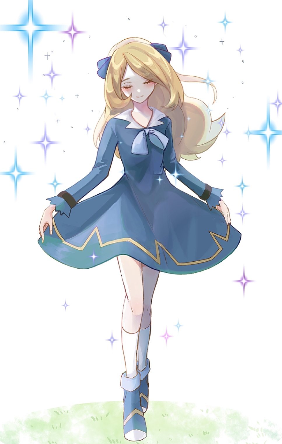 1girl, aged_down, black_ribbon, blonde_hair, blush, closed_eyes, closed_mouth, commentary_request, cynthia_(pokemon), dress, eyelashes, full_body, grass, grey_eyes, hair_ribbon, highres, knees, long_hair, long_sleeves, neck_ribbon, nintendo, official_alternate_costume, pokemon, pokemon_(anime), pokemon_jn122, pokemon_journeys, ribbon, shoes, smile, socks, solo, sparkle, ssn_(sasa8u9r), standing, white_background, white_socks