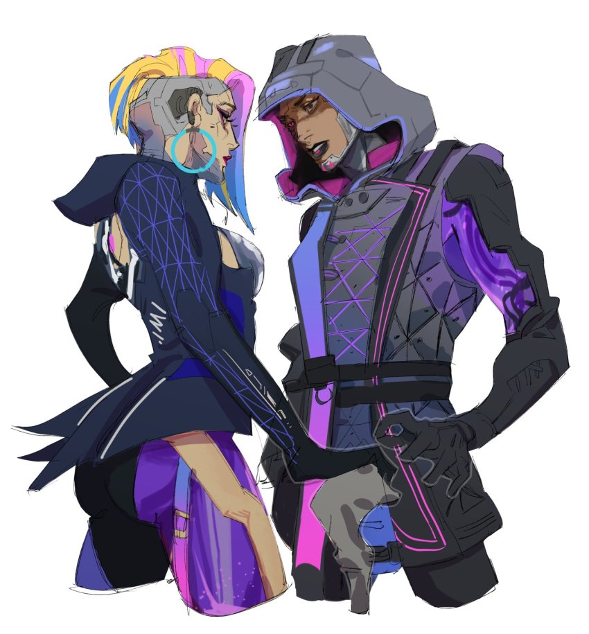 apex_legends, apex_legends_mobile, ass, asymmetrical_hair, bangalore_(apex_legends), black_lips, black_sclera, blonde_hair