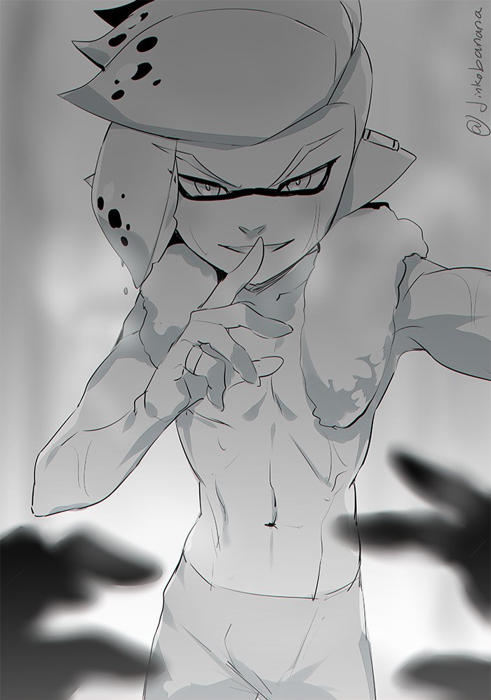 1boy, blurry, bulge, depth_of_field, emperor_(splatoon), finger_to_mouth, greyscale, inkling