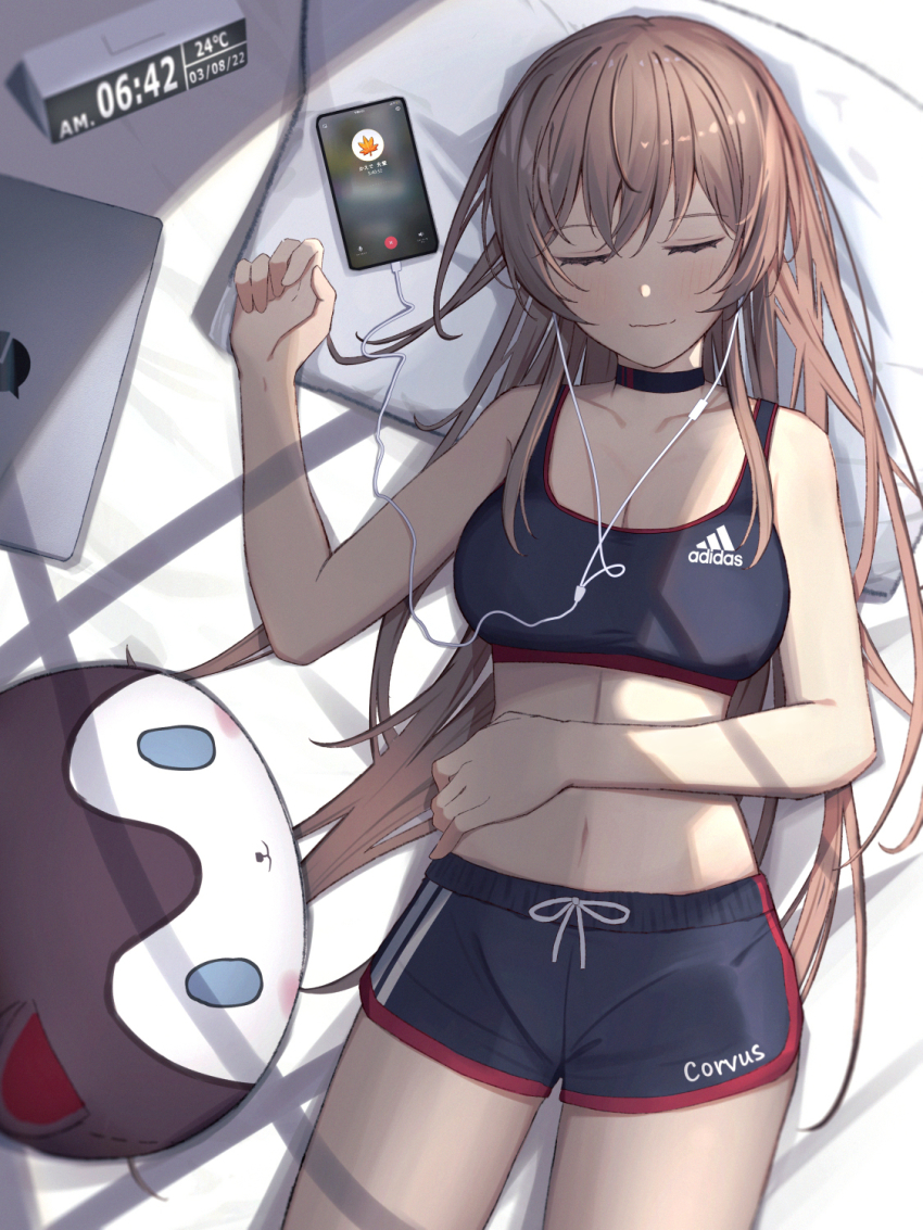 1girl, blush, breasts, brown_hair, cellphone, choker, clock, closed_eyes, computer, digital_clock, earphones, furen_e_lustario, hands_on_own_stomach, highres, higuchi_kaede, inui_toko, kuroko1604, laptop, long_hair, lying, medium_breasts, morning, nijisanji, phone, pillow, shadow, shorts, sleeping, smartphone, smile, solo, sports_bra, stuffed_toy, very_long_hair, virtual_youtuber
