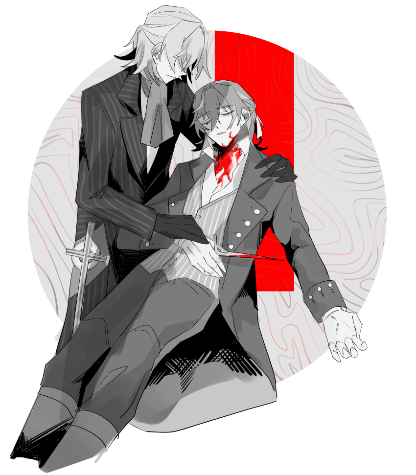 2boys, absurdres, antonio_salieri_(fate), antonio_salieri_(human)_(fate), antonio_salieri_(second_ascension)_(fate), ascot, bags_under_eyes, blood, blood_splatter, bloody_knife, closed_eyes, coat, crosshatching, death, dual_persona, fate/grand_order, fate_(series), formal_clothes, gloves, greyscale, hair_between_eyes, hair_ribbon, half_updo, hatching_(texture), highres, kittchi_(kmmr_004), knife, long_sleeves, lying_on_person, male_focus, monochrome, multiple_boys, parted_lips, pinstripe_pattern, pinstripe_suit, pinstripe_vest, ribbon, short_hair, simple_background, spot_color, striped, suicide, suit, vest, white_background