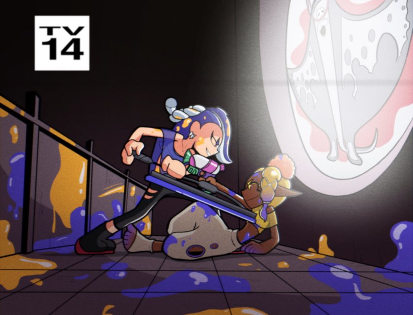 2girls, baggy_pants, big_man_(splatoon), blue_hair, clothing_cutout, cowboy_bebop, dark-skinned_female, dark_skin, earrings, eye_contact, female_focus, floor, frye_(splatoon), highres, holding, holding_weapon, indoors, ink, inkling, jewelry, looking_at_another, looking_down, multiple_girls, nintendo, octoling, pants, parody, pringus_mcdingus, scene_reference, shiver_(splatoon), splatana_wiper_(splatoon), splatoon_(series), splatoon_3, splattershot_(splatoon), stained_glass, standing, tentacle_hair, toeless_legwear, weapon, window