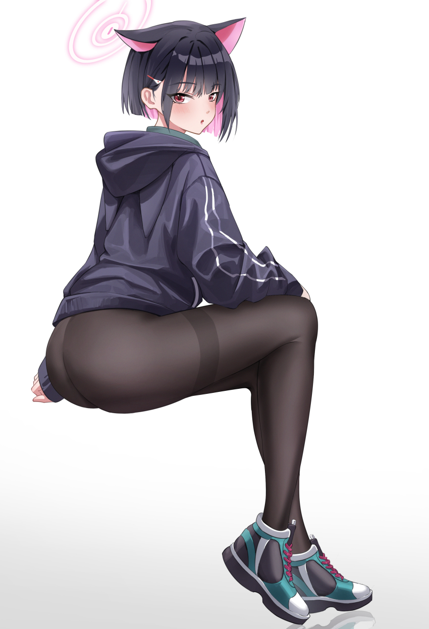 1girl, absurdres, animal_ears, ass, black_hair, black_jacket, black_pantyhose, blue_archive