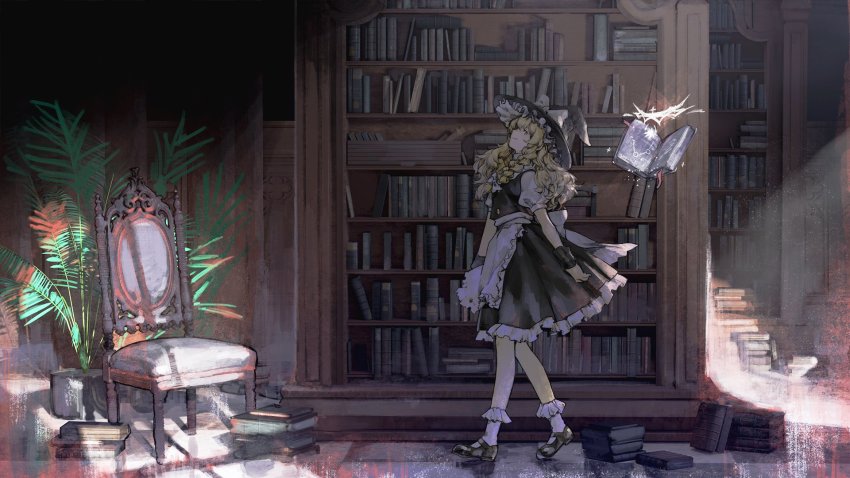 1girl, apron, black_dress, black_hat, black_shoes, blonde_hair, book, book_stack