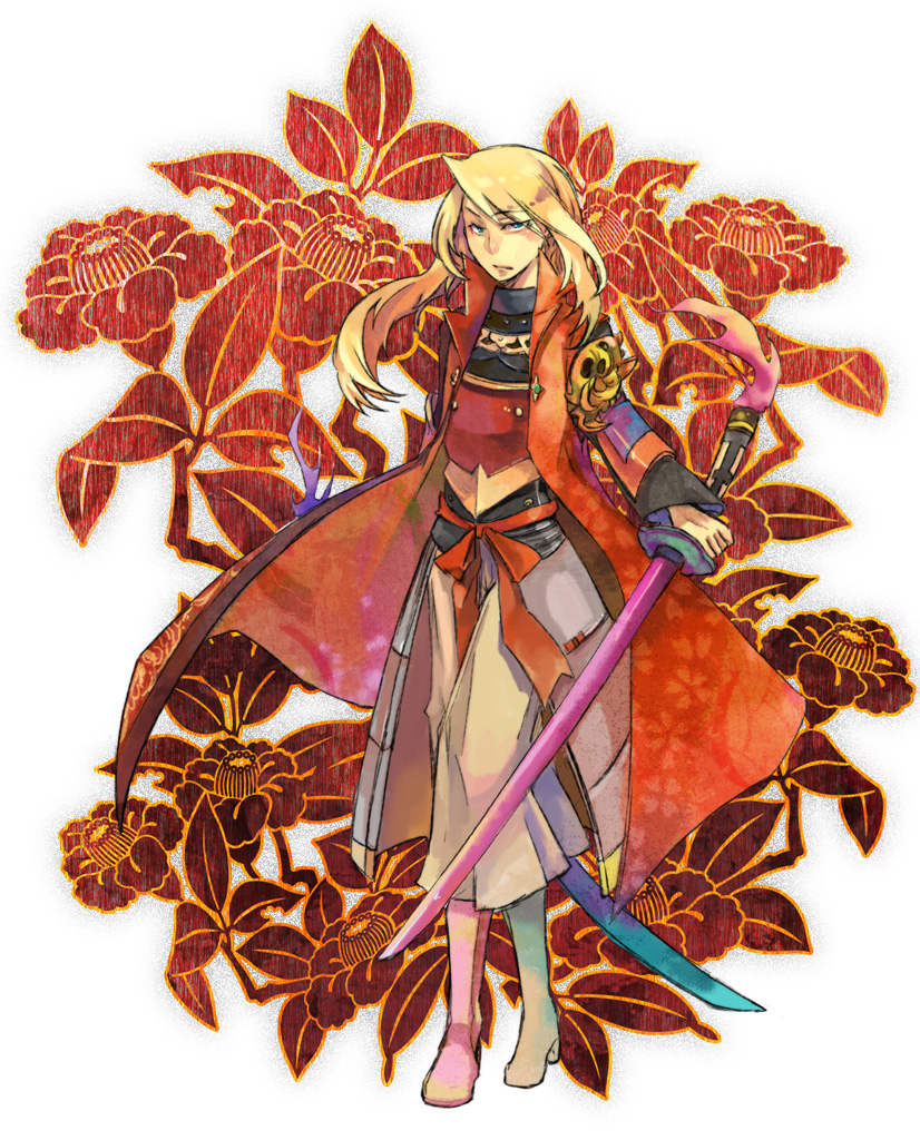 1boy, armor, atlus, bad_id, bad_pixiv_id, blonde_hair, blue_eyes, flower, katana, kujura_(sekaiju), male_focus, etrian_odyssey, sekaiju_no_meikyuu_3, shaingtao, shaingtao_(artist), shogun_(sekaiju), solo, sword, weapon