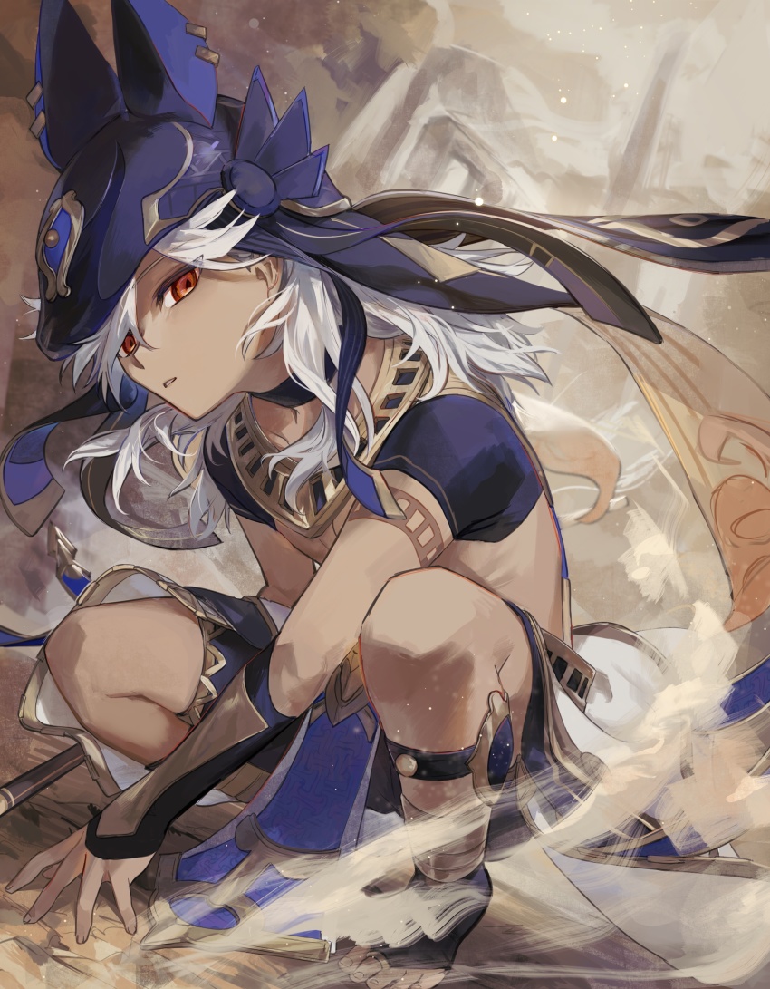 1boy, absurdres, animal_ears, animal_hat, animal_hood, arabian_clothes, bishounen, black_choker, choker, cyno_(genshin_impact), dark-skinned_male, dark_skin, detached_sleeves, genshin_impact, hair_over_one_eye, hat, headpiece, highres, hood, jackal_ears, kneeling, long_hair, looking_at_viewer, male_focus, open_mouth, red_eyes, solo, tan, white_hair, zaso