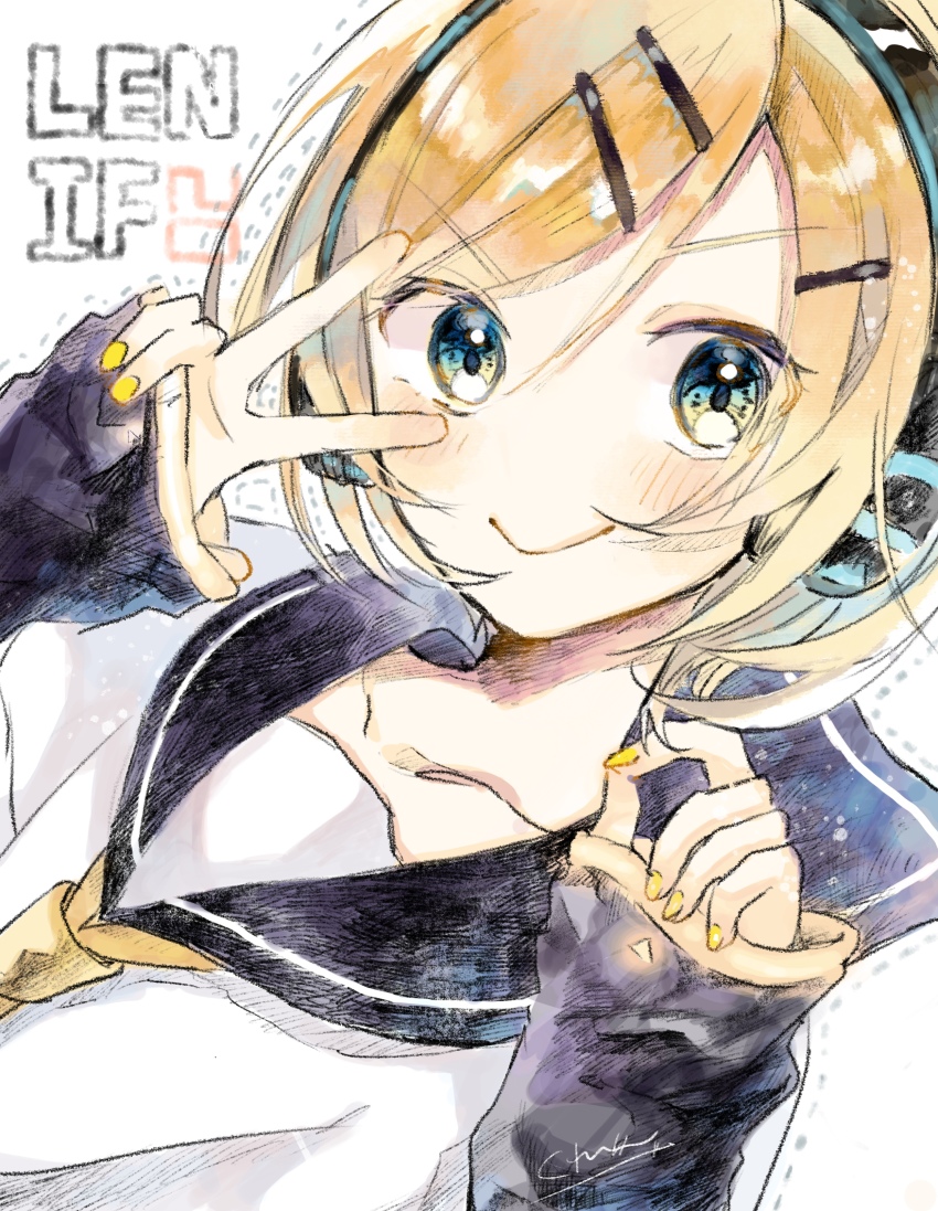 >:), 1boy, :>, absurdres, aqua_eyes, black_sleeves, blue_eyes, character_name, closed_mouth, english_text, gradient_eyes, hair_between_eyes, head_tilt, highres, kagamine_len, kagamine_len_(if), kurebe, long_sleeves, looking_at_viewer, multicolored_eyes, nail_polish, necktie, no_nose, parted_bangs, sailor_collar, sailor_shirt, shirt, simple_background, sleeves_past_wrists, smile, solo, trap, upper_body, v, v-shaped_eyebrows, v_over_eye, white_background, white_shirt, yellow_eyes, yellow_nails, yellow_necktie