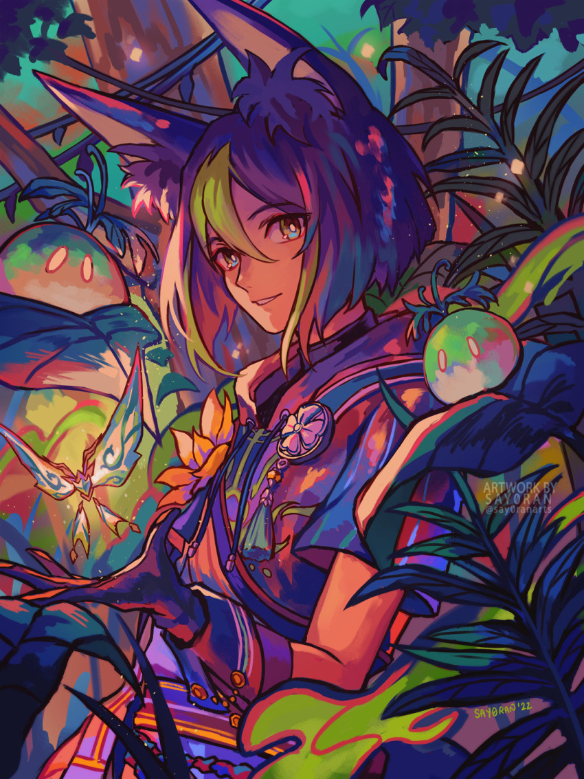 1boy, animal_ear_fluff, animal_ears, black_hair, bug, flower, genshin_impact, gloves