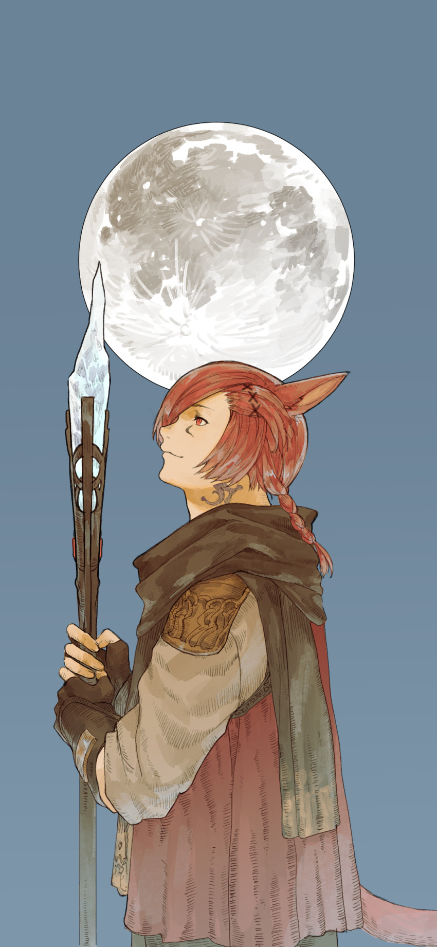 1boy, animal_ears, black_scarf, blue_background, braid, braided_ponytail, brown_gloves, cat_boy