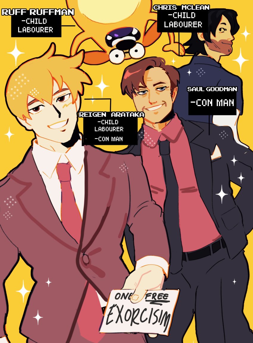 4boys, absurdres, appeiart, better_call_saul, black_hair, black_necktie, black_suit, blonde_hair, breaking_bad, brown_hair, character_name, chris_mclean, commentary, crossover, dog, english_commentary, english_text, fetch!_with_ruff_ruffman, formal_clothes, highres, holding, holding_paper, looking_at_viewer, male_focus, mob_psycho_100, multiple_boys, multiple_crossover, necktie, paper, red_necktie, red_shirt, reigen_arataka, ruff_ruffman, saul_goodman, shirt, smile, sparkle, suit, total_drama, white_shirt, yellow_background