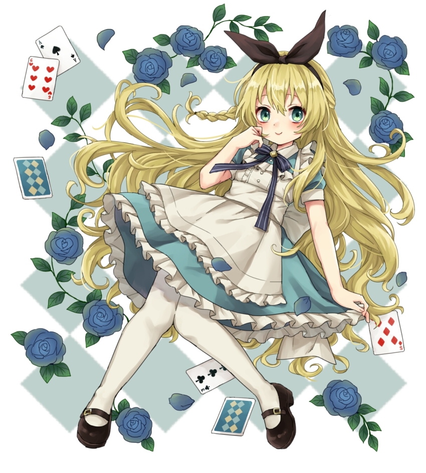 1girl, alice_(alice_in_wonderland), alice's_adventures_in_wonderland, blonde_hair, blue_dress, blue_eyes, blue_flower, blue_rose