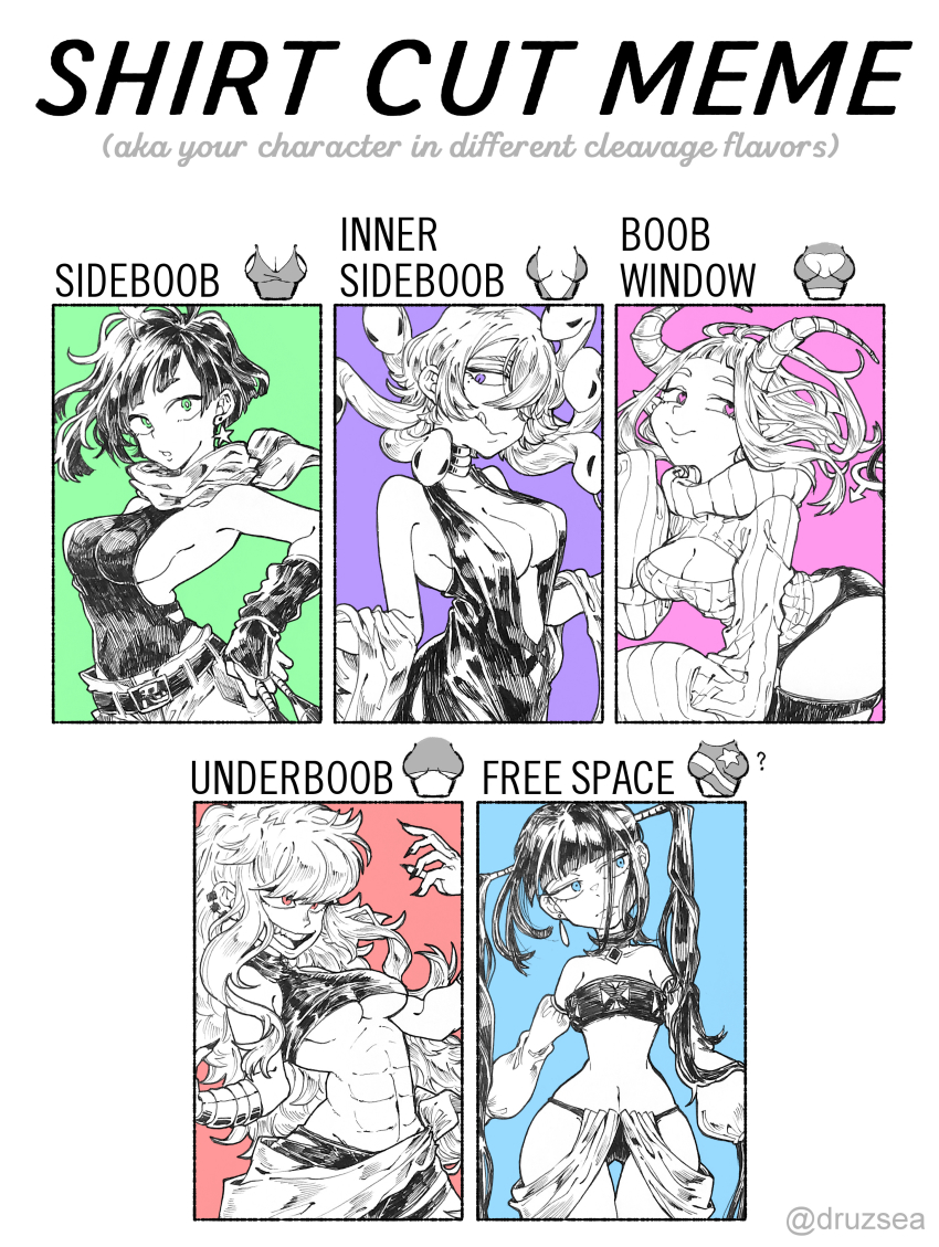 5girls, abs, absurdres, all_yellow777, bandeau, belt, bikini, black_belt, black_bikini, black_dress, black_hair, black_panties, black_shirt, blue_eyes, breasts, cleavage, demon_tail, dress, earrings, english_text, green_eyes, hair_over_one_eye, hand_up, highres, horns, jewelry, long_hair, medium_breasts, meme, midriff, multiple_drawing_challenge, multiple_girls, navel, original, panties, pants, pink_eyes, purple_eyes, red_eyes, scarf, shirt, shirt_cut_meme, short_hair, sideboob, sleeveless, sleeveless_shirt, snake_hair, sweater, swimsuit, tail, twintails, underwear, white_pants