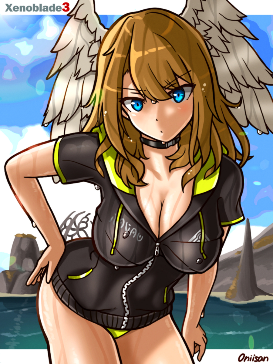 1girl, angel_wings, bikini, blue_eyes, breasts, brown_hair, cleavage, eunie_(xenoblade)