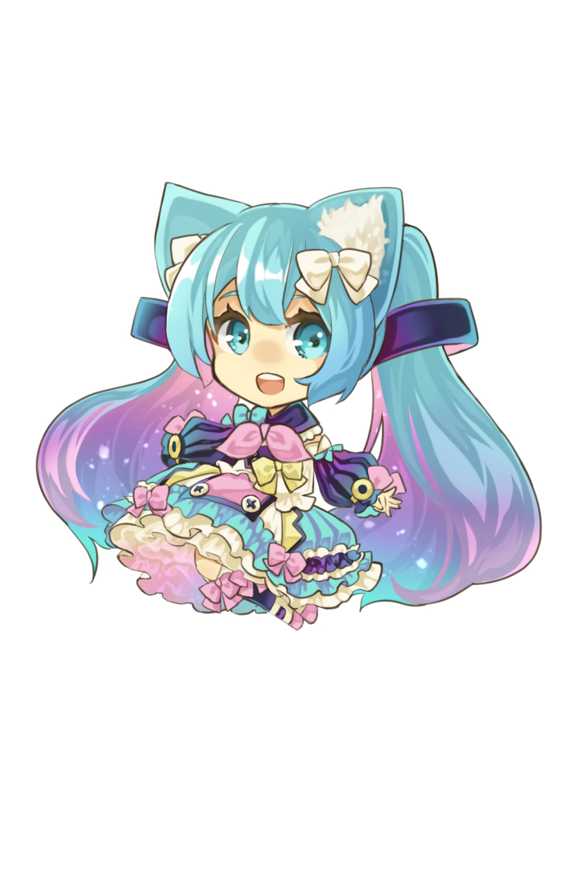 animal_ears, aqua_bow, aqua_eyes, aqua_hair, azuma_kazamori, black_sleeves, bow, cat_ears
