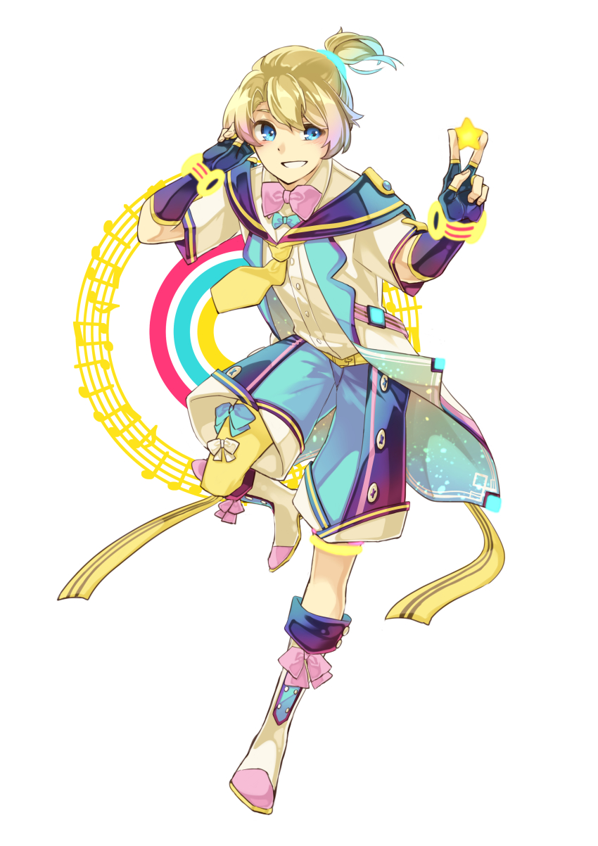 1boy, absurdres, arms_up, azuma_kazamori, black_gloves, blonde_hair, blue_bow, blue_eyes