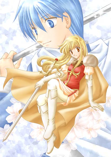 1boy, 1girl, blonde_hair, blue_eyes, blue_hair, brown_eyes, cape, finn_(fire_emblem), fire_emblem, fire_emblem:_genealogy_of_the_holy_war, floral_background, lachesis_(fire_emblem), nintendo, okumi, polearm, shimmering, spear, sword, weapon, yellow_cape