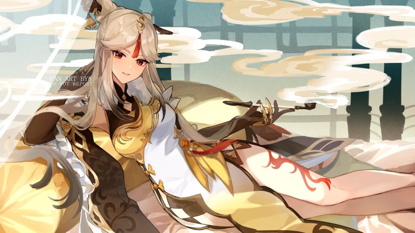 1girl, 8_(e_uu88), black_gloves, breasts, china_dress, chinese_clothes, claws, colored_tips