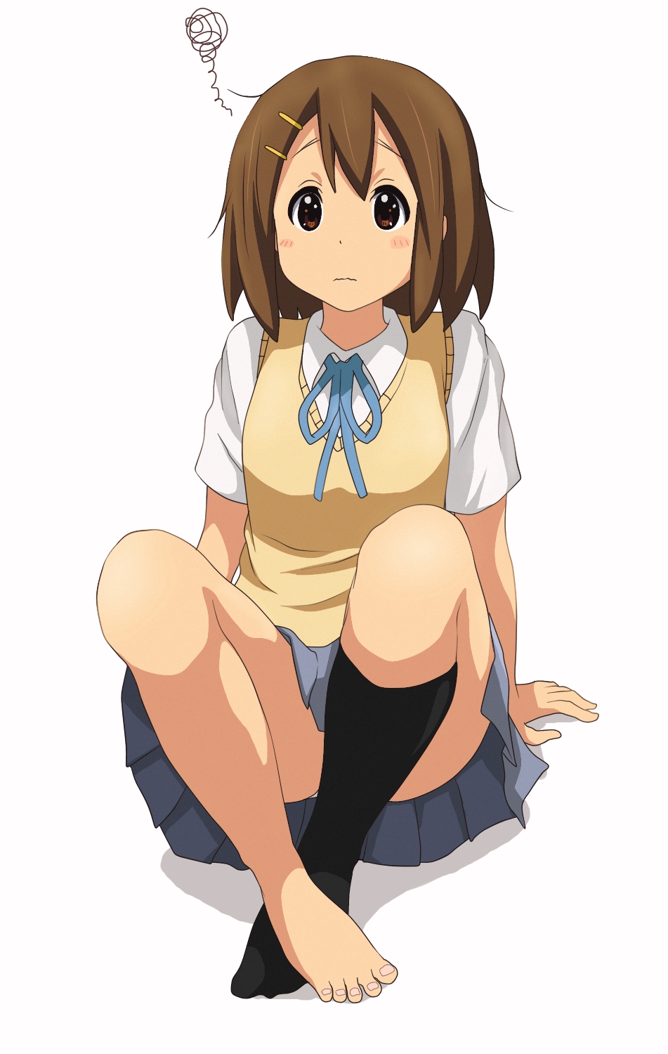 1girl, arm_support, asymmetrical_legwear, barefoot, black_socks, blue_ribbon, blue_skirt, blush
