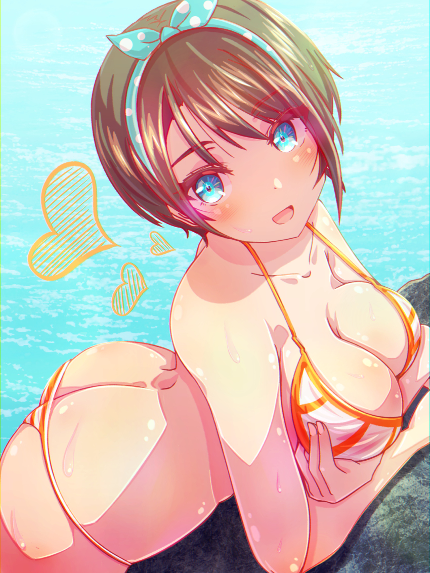 1girl, against_rock, arched_back, ass, bikini, blue_eyes, blue_hairband, breasts, brown_hair, butt_crack, cleavage, collarbone, commentary_request, cowboy_shot, hairband, head_tilt, heart, highres, hololive, large_breasts, looking_at_viewer, oozora_subaru, open_mouth, orange_bikini, outdoors, qwq_oekaki, short_hair, sidelocks, skindentation, solo, striped_bikini, striped_clothes, swept_bangs, swimsuit, thighs, virtual_youtuber, wet, white_bikini