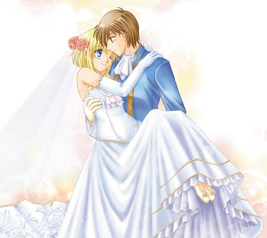 1boy, 1girl, blonde_hair, blue_eyes, blue_suit, bride, brown_eyes, brown_hair, carrying, dress, fire_emblem, fire_emblem:_thracia_776, floral_wreath, formal_clothes, groom, hetero, husband_and_wife, leif_faris_claus, looking_at_another, nanna_(fire_emblem), nintendo, okumi, one_eye_closed, princess_carry, smile, suit, wedding_dress