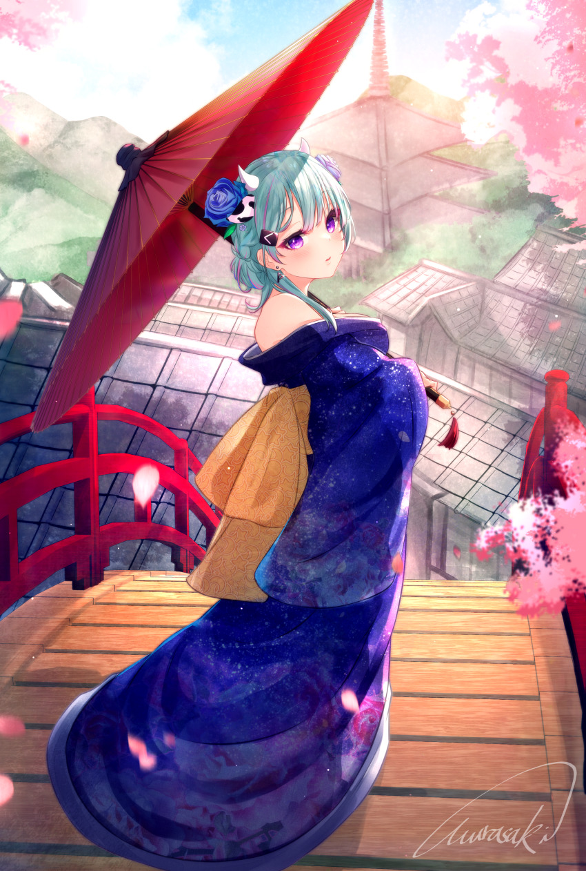 1girl, absurdres, animal_ears, architecture, artist_name, bare_shoulders, blue_flower, blue_kimono
