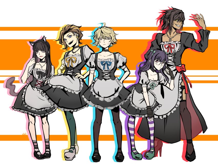 2girls, 3boys, absurdres, ahoge, animal_ears, apron, black_bow, black_gloves