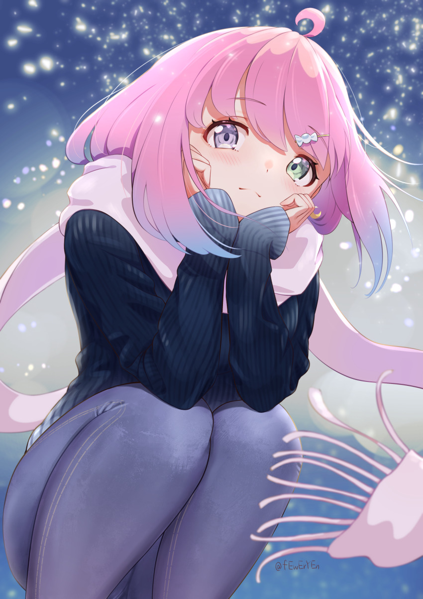 1girl, absurdres, ahoge, blush, candy_hair_ornament, closed_mouth, crescent, crescent_earrings