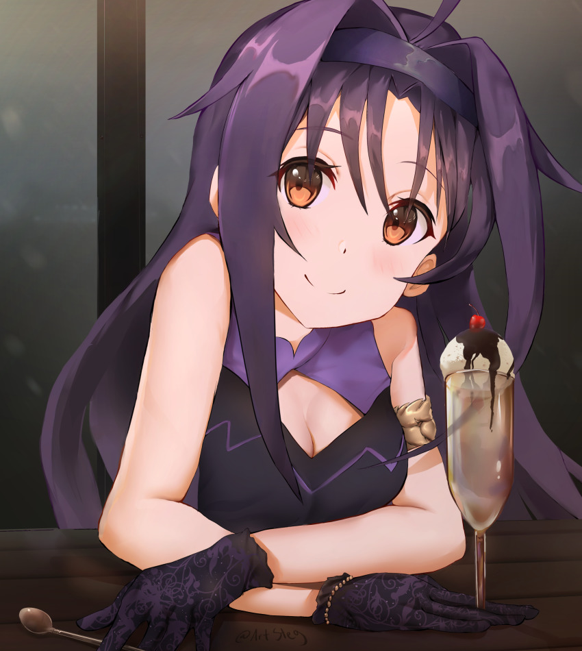 1girl, absurdres, ahoge, armlet, bare_shoulders, breasts, cleavage, commentary, dress, english_commentary, food, gloves, hairband, highres, ice_cream, ice_cream_float, jewelry, long_hair, looking_at_viewer, purple_hair, red_eyes, sleeveless, sleeveless_dress, smile, solo, spoon, stegart, sword_art_online, twitter_username, upper_body, yuuki_(sao)