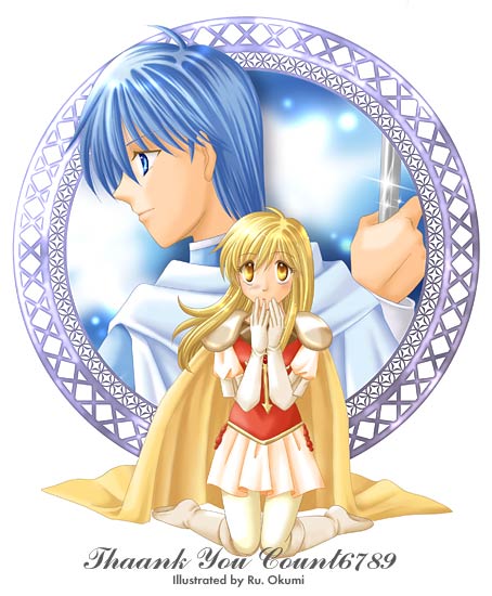 1boy, 1girl, awestruck, blonde_hair, blue_eyes, blue_hair, brown_eyes, cape