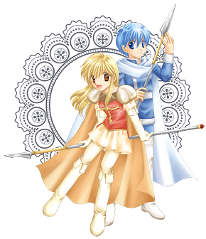 1boy, 1girl, blonde_hair, blue_coat, blue_eyes, blue_hair, brown_eyes, cape