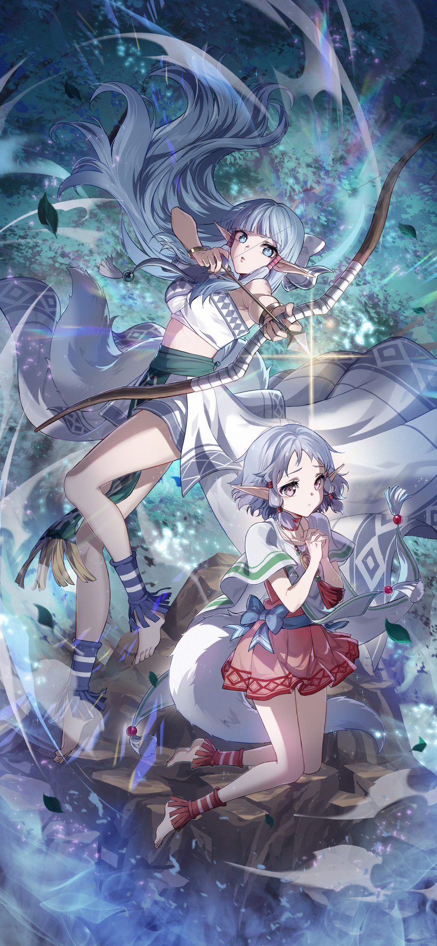 2girls, absurdres, arrow_(projectile), barefoot, blue_eyes, blue_hair, bow_(weapon), dress