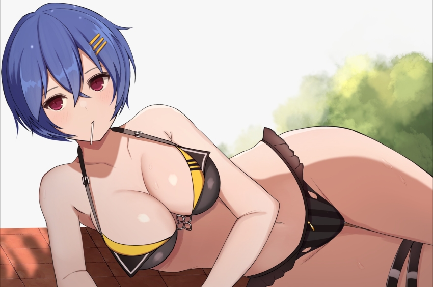 amane_(senran_kagura), bikini, blue_hair, breasts, candy, cleavage, food, hair_ornament, hairclip, highres, large_breasts, lollipop, looking_at_viewer, lying, multicolored_bikini, navel, on_ground, red_eyes, senran_kagura, senran_kagura_new_link, short_hair, surippa1010, swimsuit, two-tone_bikini