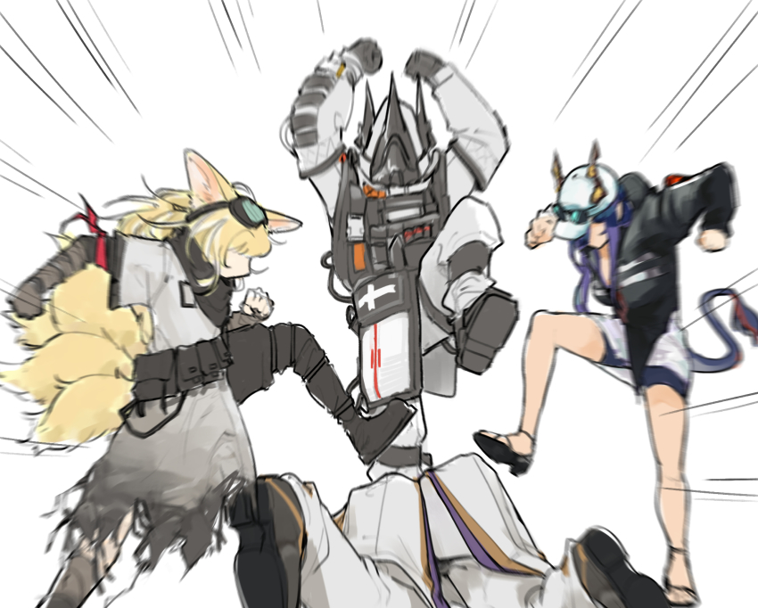0229hajime, 1boy, 3girls, abbacchio_joins_the_kicking_(meme), animal_ears, arknights, armor, bare_legs