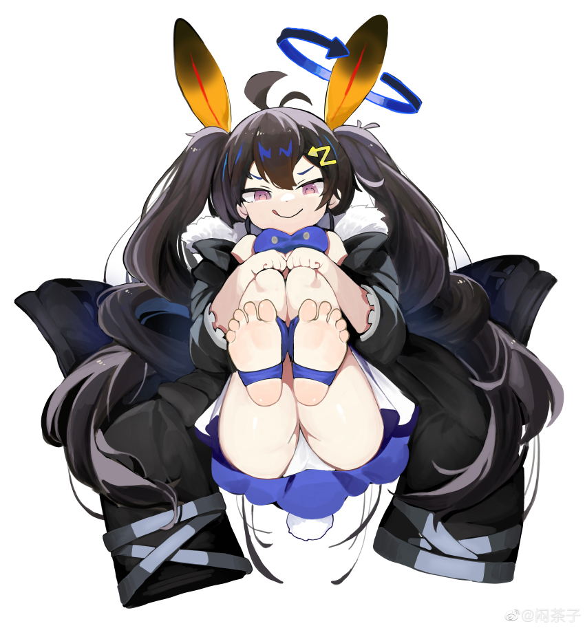 1girl, absurdres, alchemy_stars, antenna_hair, ass, black_coat, black_hair, closed_mouth, coat, commentary, dress, feet, fia_(alchemy_stars), fur-trimmed_coat, fur_trim, hair_ornament, halo, highres, long_hair, long_sleeves, looking_at_viewer, menthako, no_shoes, panties, pink_eyes, rabbit_tail, simple_background, solo, untranslatable_commentary, tail, toes, tongue, tongue_out, twintails, underwear, v-shaped_eyebrows, very_long_hair, watermark, weibo_watermark, white_background, white_dress, white_panties