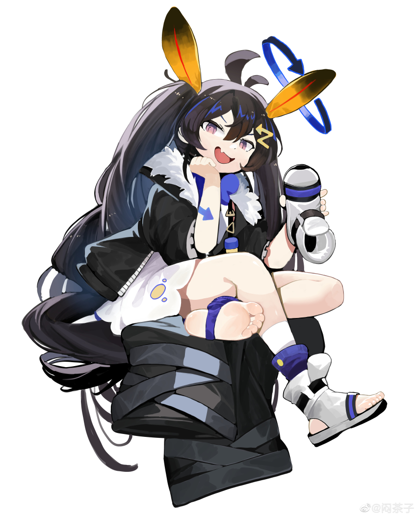 1girl, absurdres, alchemy_stars, antenna_hair, black_coat, black_hair, boots, coat, commentary, dress, fang, feet, fia_(alchemy_stars), full_body, fur-trimmed_coat, fur_trim, hair_ornament, halo, head_rest, highres, holding, holding_boots, holding_footwear, holding_unworn_clothes, invisible_chair, long_hair, looking_at_viewer, menthako, open-toe_boots, open_clothes, open_coat, open_mouth, pink_eyes, short_dress, simple_background, single_sock, sitting, skin_fang, smile, socks, solo, spread_toes, untranslatable_commentary, toes, twintails, unworn_boots, v-shaped_eyebrows, very_long_hair, watermark, weibo_watermark, white_background, white_dress