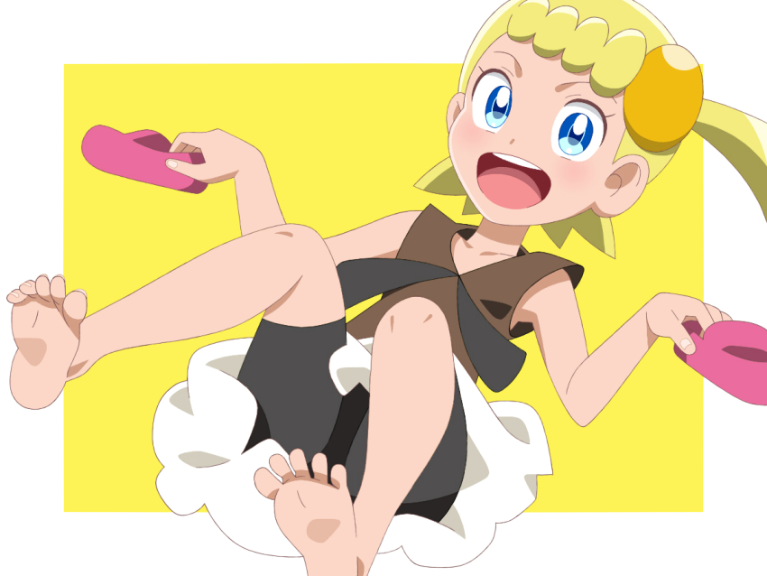 1girl, barefoot, black_shorts, blonde_hair, blue_eyes, bonnie_(pokemon), brown_shirt, child, feet, foot_focus, hair_ornament, happy, kuroi_ohagi, legs, mary_janes, nintendo, open_mouth, pokemon, pokemon_(anime), pokemon_the_series:_xy, shirt, shoes, shorts, shorts_under_skirt, skirt, sleeveless, smile, soles, toenails, unworn_shoes, white_skirt