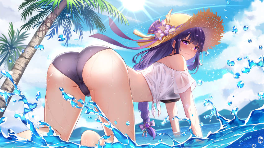 1girl, absurdres, ass, beach, bikini, black_bikini, blush, braid, cloud, coconut_tree, dahe_zhuang_(yishi_fanhua), dress, genshin_impact, hat, hat_ornament, highres, looking_at_viewer, low-braided_long_hair, low-tied_long_hair, mole, mole_under_eye, ocean, palm_tree, purple_eyes, raiden_shogun, sky, solo, swimsuit, tree, underwear, white_dress