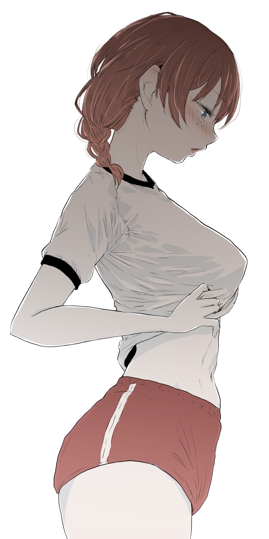 1girl, ast, backlighting, blue_eyes, blush, braid, breasts, buruma, emma_verde, freckles, from_side, highres, large_breasts, love_live!, love_live!_nijigasaki_high_school_idol_club, midriff, navel, red_hair, shirt, simple_background, solo, white_background, white_shirt