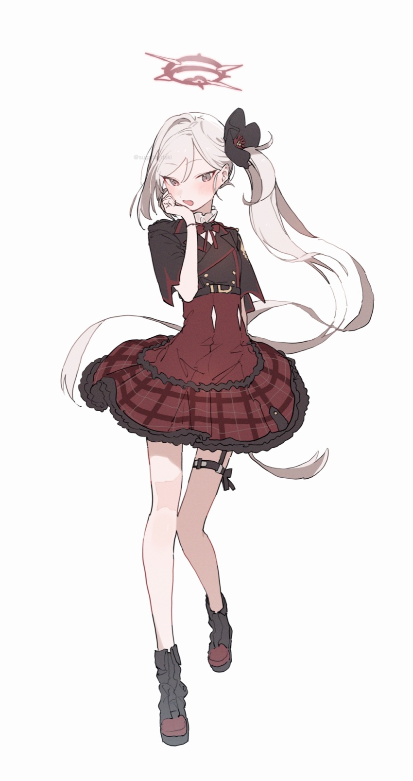 1girl, black_flower, blue_archive, blush, boots, flower, frilled_skirt, frills