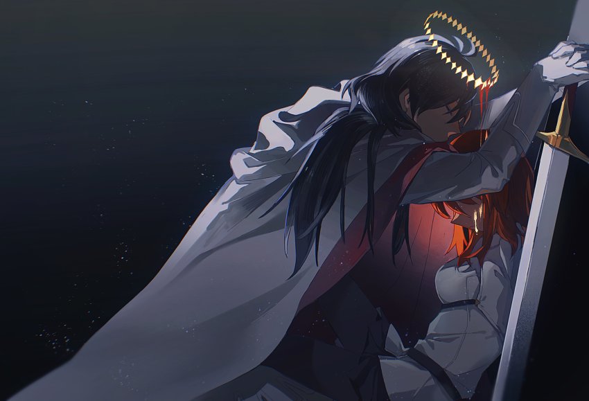1boy, 1girl, absurdres, against_wall, antenna_hair, black_background, black_hair, black_pantyhose, black_skirt, blood, blood_on_face, breasts, cloak, closed_eyes, closed_mouth, commentary, constantine_xi_(fate), constantine_xi_(third_ascension)_(fate), covered_mouth, dripping, fate/grand_order, fate_(series), feet_out_of_frame, fujimaru_ritsuka_(female), gloves, glowing, gradient_background, hair_between_eyes, halo, hands_on_hilt, highres, jing84672940, knee_up, light_particles, long_hair, medium_breasts, medium_hair, orange_hair, pantyhose, shirt, sitting, skirt, sword, untranslatable_commentary, weapon, white_cloak, white_gloves, white_shirt