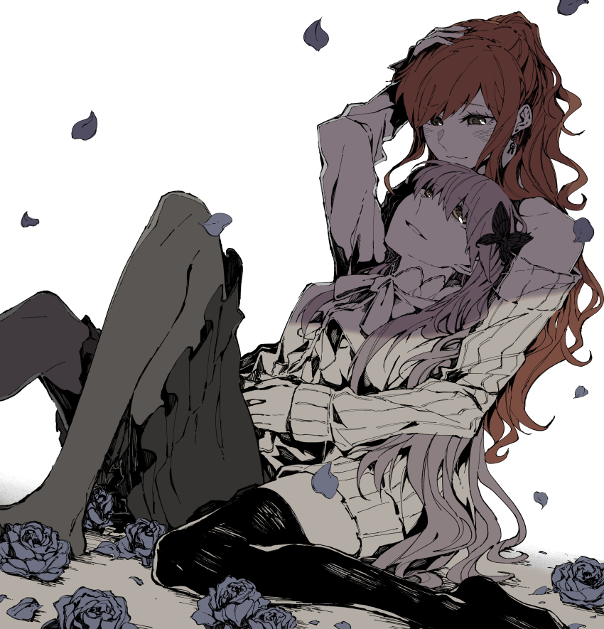 2girls, absurdres, ayutarochan, bang_dream!, bang_dream!_girls_band_party!, black_skirt, black_thighhighs, brown_hair, earrings, flower, gyaru, hand_on_another's_head, highres, hug, imai_lisa, jewelry, light_purple_hair, long_hair, minato_yukina, multiple_girls, rabbit_earrings, rose, skirt, sweater, thighhighs, yellow_eyes, yuri