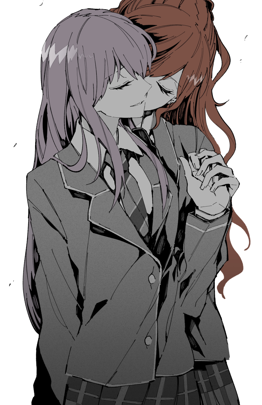 2girls, ayutarochan, bang_dream!, bang_dream!_girls_band_party!, blazer, brown_hair, closed_eyes, collared_shirt, grey_jacket, haneoka_school_uniform, highres, holding_hands, imai_lisa, jacket, kiss, kissing_cheek, light_purple_hair, long_hair, long_sleeves, minato_yukina, multiple_girls, necktie, school_uniform, shirt, striped_clothes, striped_necktie, yuri