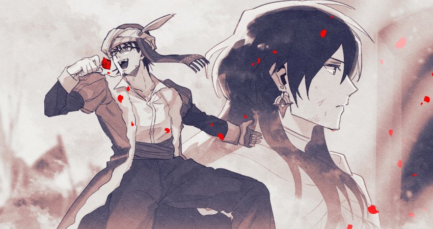 2boys, :d, adam's_apple, blurry, blurry_background, cloak, closed_mouth, coat, constantine_xi_(fate), constantine_xi_(third_ascension)_(fate), dirty, dirty_face, dress_shirt, earrings, facial_hair, fate/grand_order, fate_(series), feet_out_of_frame, flag, flower, from_side, fur-trimmed_coat, fur_trim, glasses, hair_between_eyes, hat_feather, highres, holding, holding_flower, jewelry, juliet_sleeves, long_hair, long_sleeves, looking_to_the_side, lv1na_ura, male_focus, mehmed_ii_(fate), monochrome, multiple_boys, open_mouth, outstretched_arm, pants, petals, profile, puffy_sleeves, red_flower, red_rose, rose, sash, serious, shirt, short_hair, smile, spot_color, stubble, teeth, turban, upper_body, upper_teeth_only