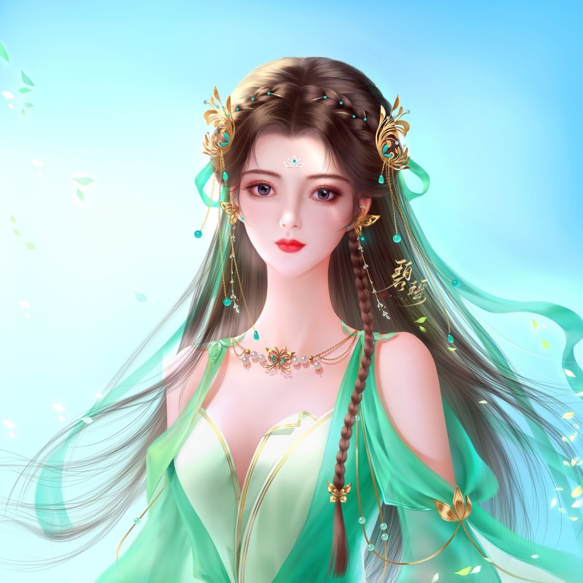 1girl, absurdres, bi_yao_(zhu_xian), blue_sky, braid, brown_hair, closed_mouth, clothing_cutout, dress, facial_mark, falling_leaves, forehead_mark, green_dress, hair_ornament, hair_ribbon, highres, jewelry, leaf, long_hair, necklace, ribbon, ruo_shi_yao_xian, shoulder_cutout, sky, solo, upper_body, zhu_xian