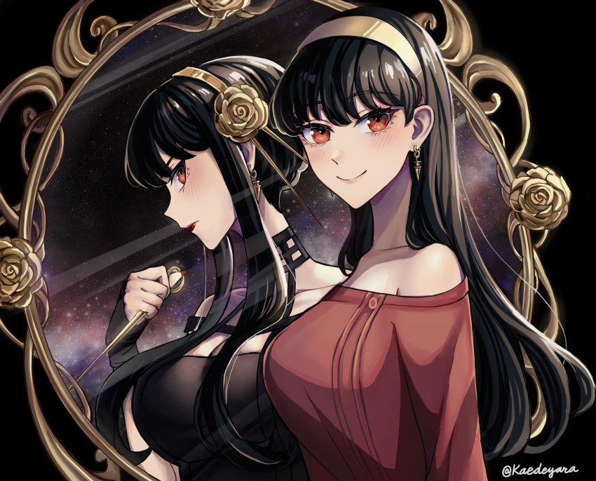 1girl, bare_shoulders, black_dress, black_gloves, black_hair, blush, breasts, cleavage, closed_mouth, collarbone, dagger, different_reflection, dress, earrings, fingerless_gloves, gloves, gold_earrings, gold_hairband, hairband, highres, holding, holding_weapon, jewelry, kaedeyara, knife, large_breasts, long_hair, mirror, off-shoulder_dress, off_shoulder, red_eyes, reflection, sidelocks, sideways_glance, smile, solo, spy_x_family, stiletto_(weapon), sweater, sweater_dress, twitter_username, weapon, white_hairband, yor_briar