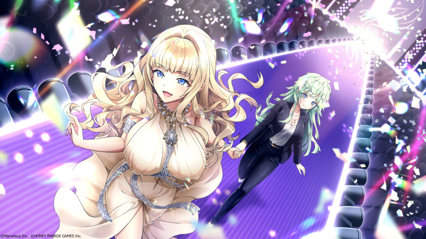 2girls, :d, black_jacket, black_pants, blonde_hair, blue_eyes, blunt_bangs, breasts