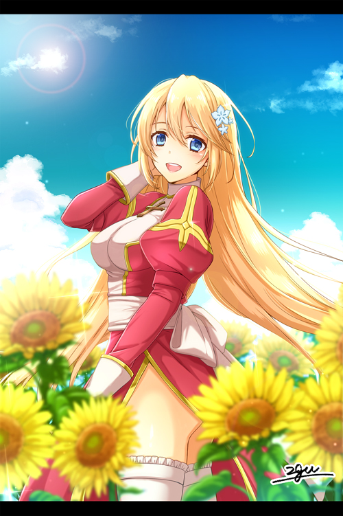 1girl, 20nigu, back_bow, blonde_hair, blue_eyes, blue_flower, blue_sky, blush